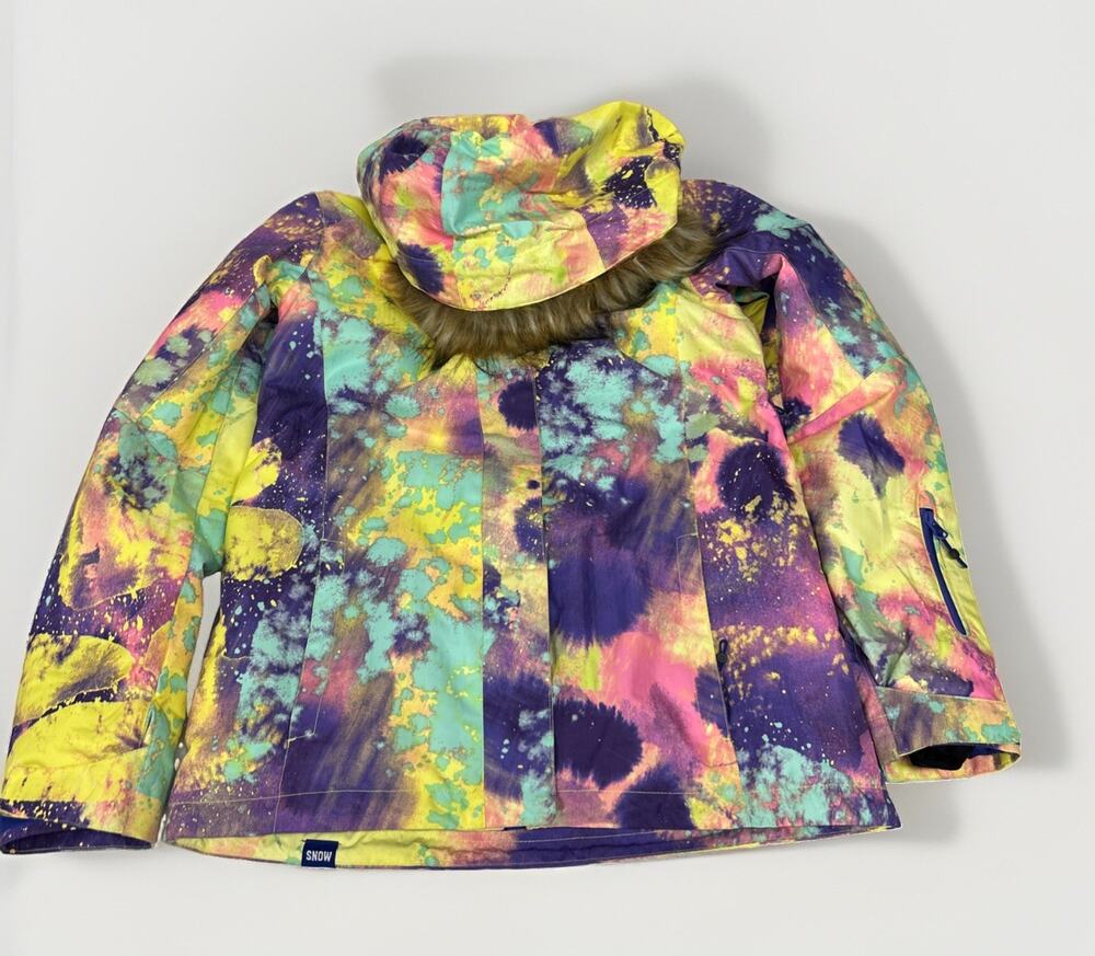 GSOU SNOW Jacket Fur Lined Hood Kids Size 10 Tie Dye Look Multicolor EXC COND